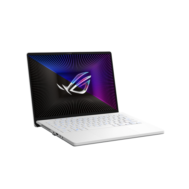 Off Center View of the Front of the Moonlight White Rog Zephyrus G14, With the Lid Open and the Rog Fearless Eye Logo on Screen.